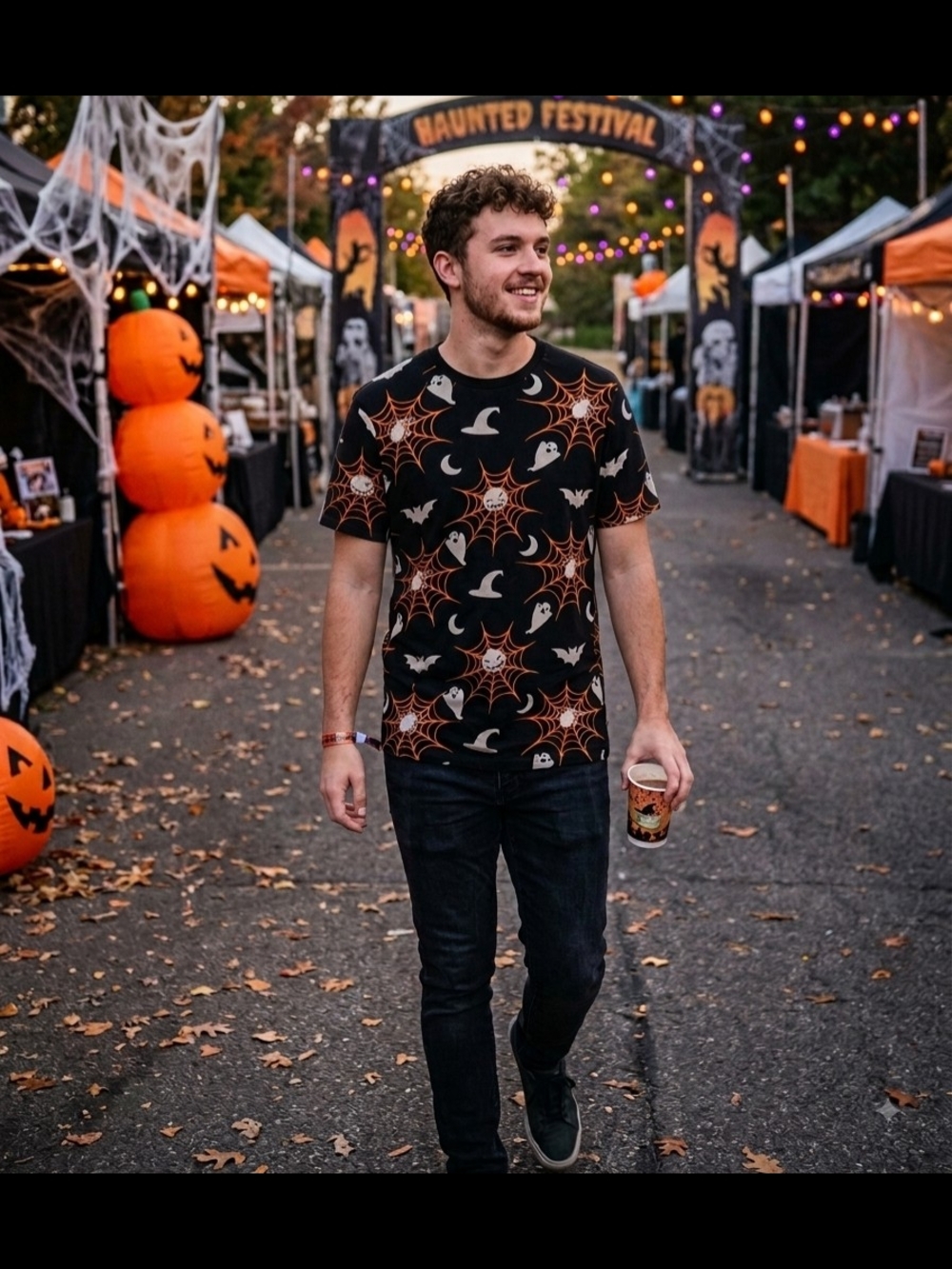 Halloween Spiderweb & Ghost Graphic Tee  100% Cotton